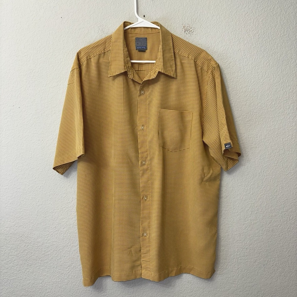 VTG 90s Quiksilver Mens L Button Up Shirt Yellow Navy Micro Grid Gingham SS